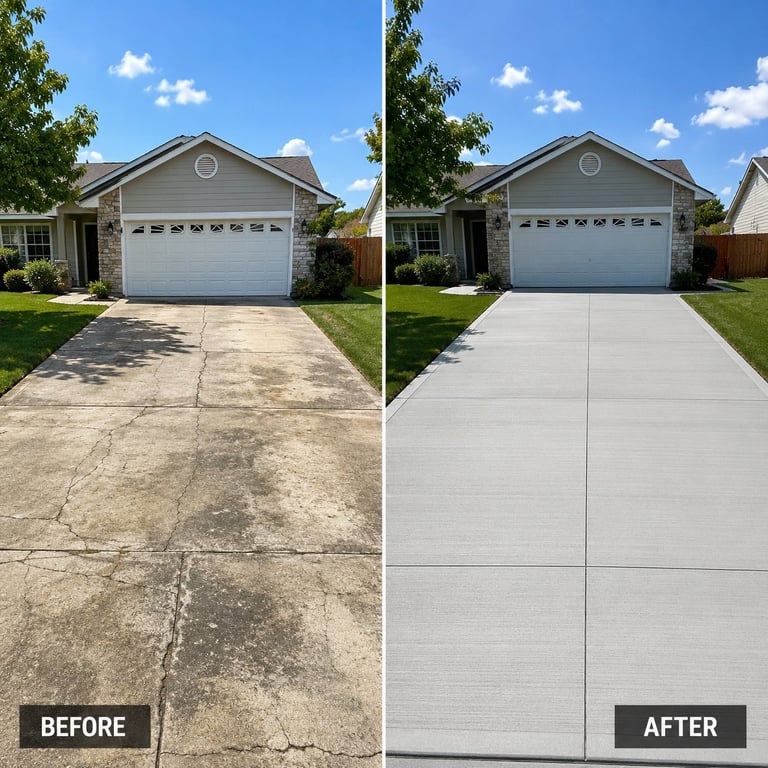 Before and after comparison of driveway cleaning, showing dirty cracked concrete on left and clean sealed concrete on right