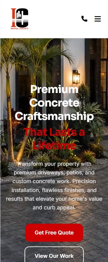 Premium concrete craftsmanship company website header featuring elegant patio with palm trees and lantern lighting